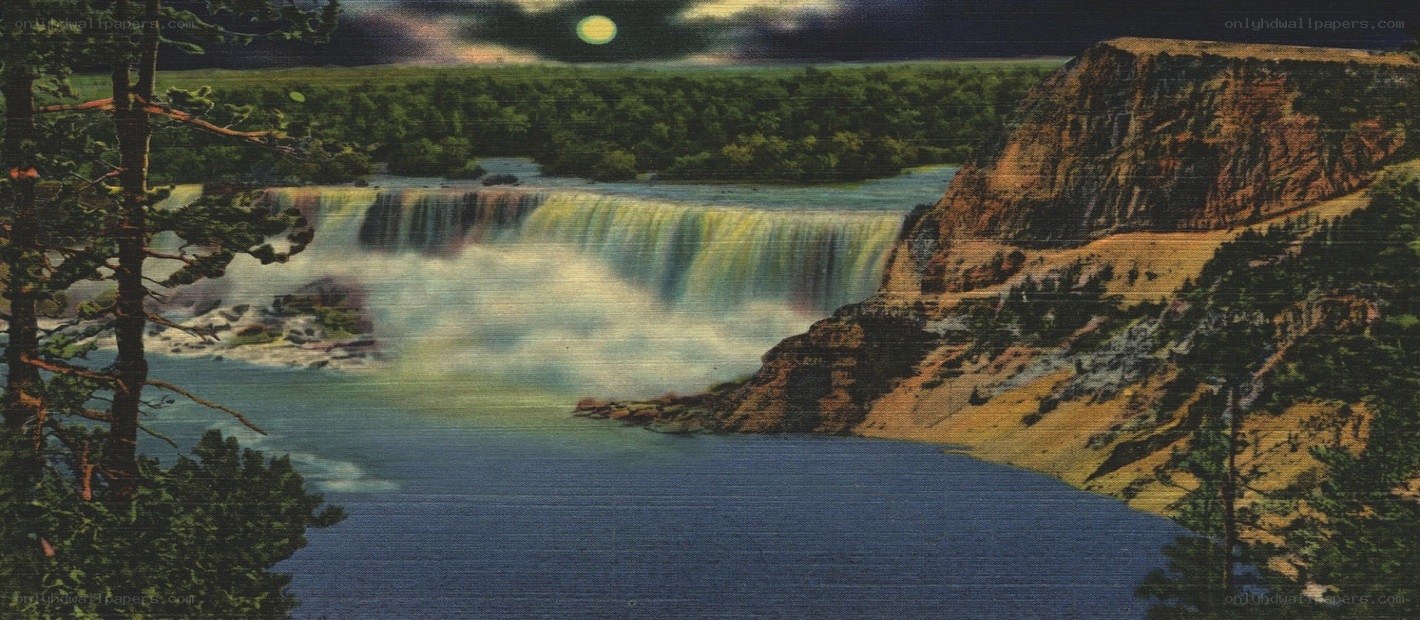Waterfall at night with full moon