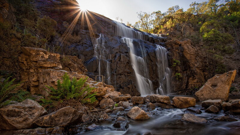 Waterfall at Sunrise — Brown, Serene