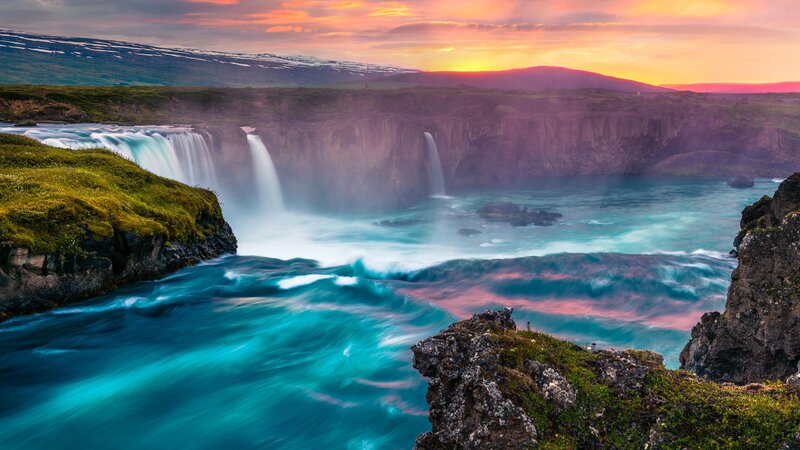 Waterfall at Sunset — Blue, Dramatic, Photograph, Mountain