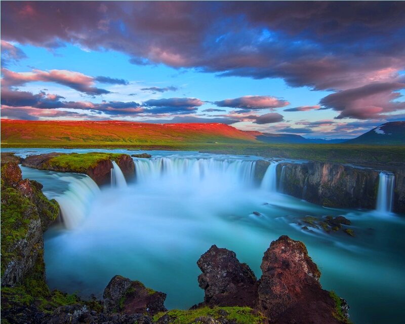 Waterfall at Sunset — Blue, Dramatic, Photograph, River, Cliffs