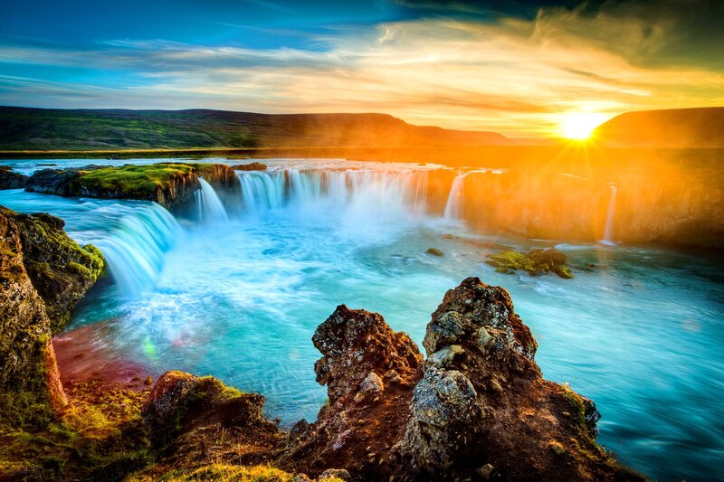 Waterfall at Sunset — Blue, Dramatic, Photograph, River, Mountains