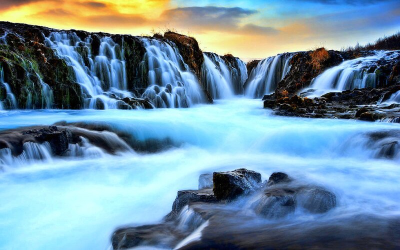 Waterfall at Sunset — Blue, Dramatic, Photograph, Rocks, Sky