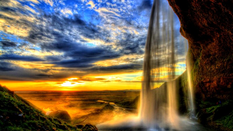Waterfall at Sunset — Blue, Dramatic, Photograph, Sky, Clouds