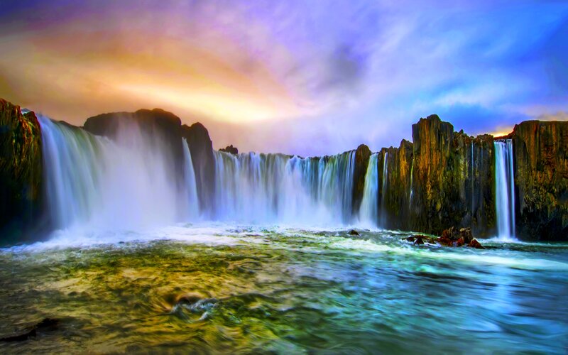 Waterfall at Sunset — Blue, Dramatic, Photograph, Sky