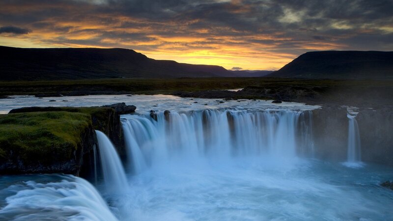 Waterfall at Sunset — Blue, Dramatic, Photograph