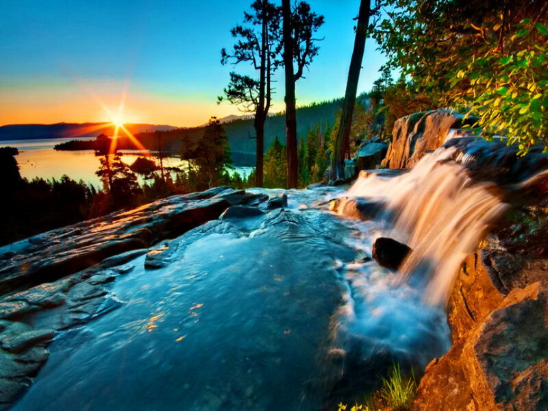 Waterfall at Sunset — Blue, Serene, Photograph, Lake