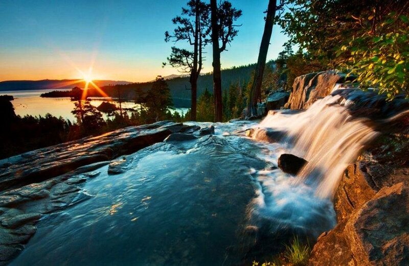 Waterfall at Sunset — Blue, Serene, Photograph, Lake, Trees