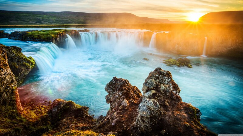 Waterfall at Sunset — Blue, Serene, Photograph, River, Mountains