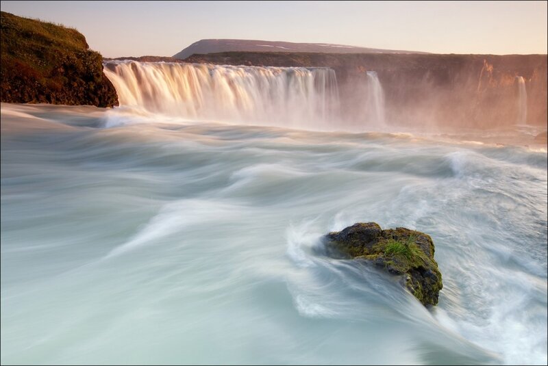 Waterfall at Sunset — Blue, Serene, Photograph, River, Rock