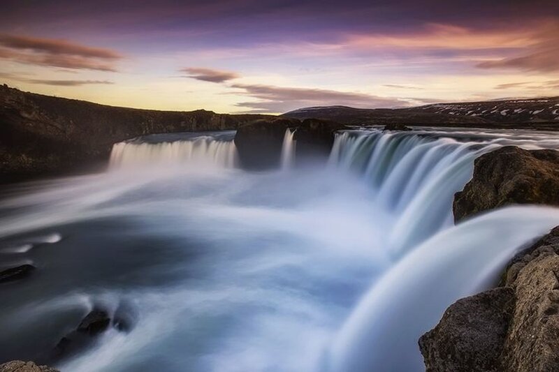 Waterfall at Sunset — Blue, Serene, Photograph, River, Rocks