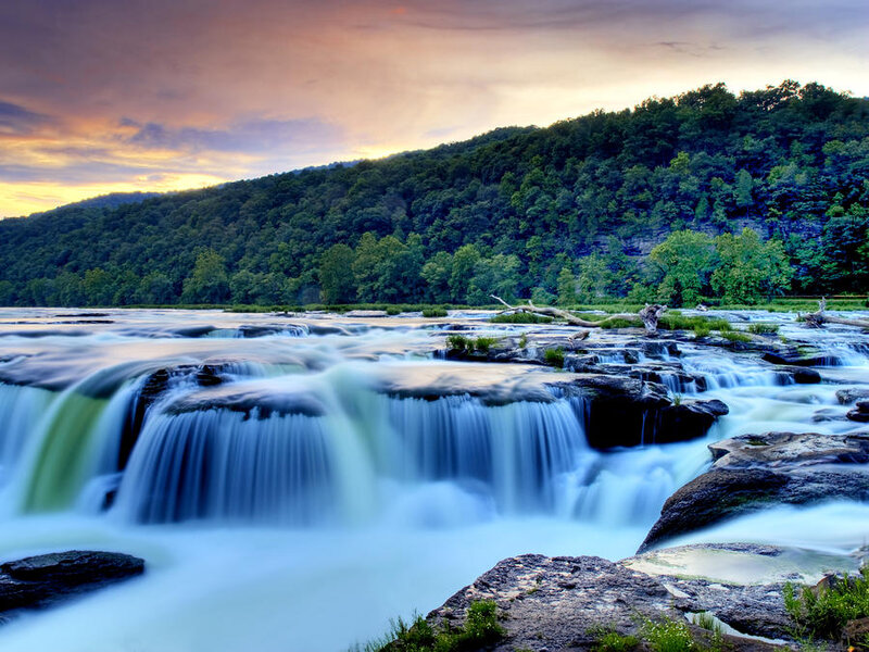Waterfall at Sunset — Blue, Serene, Photograph, River