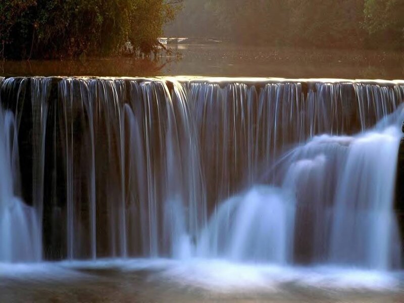 Waterfall at Sunset — Blue, Serene, Photograph, River, Trees, Sunlight