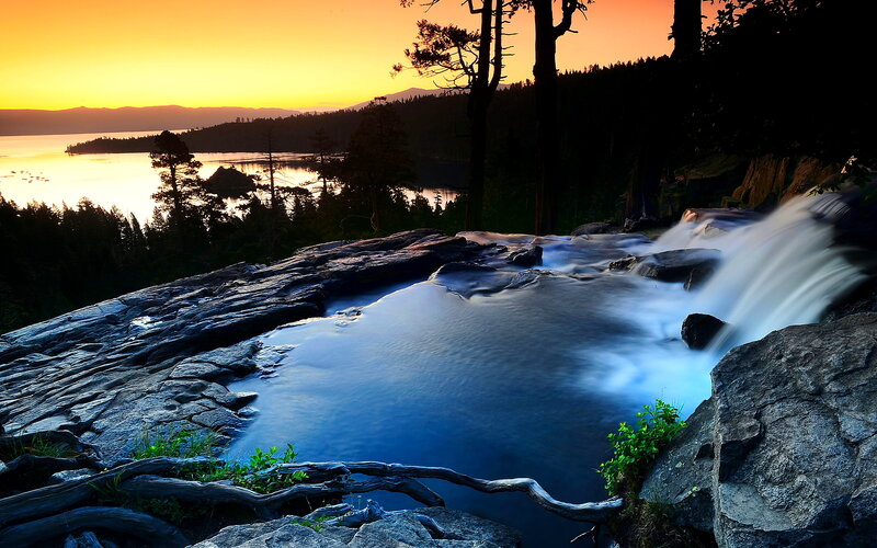 Waterfall at Sunset — Blue, Serene, Photograph, River, Trees