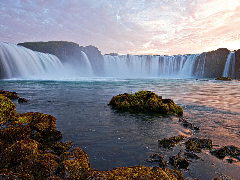 Waterfall at Sunset — Blue, Serene, Photograph, Rocks