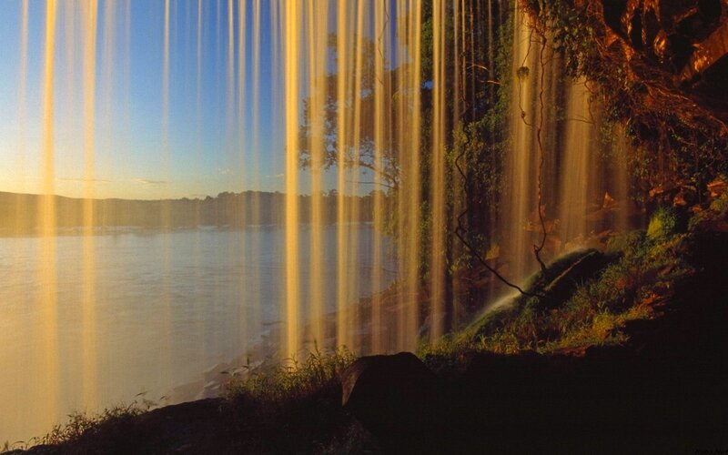 Waterfall at Sunset — Blue, Serene, Photograph
