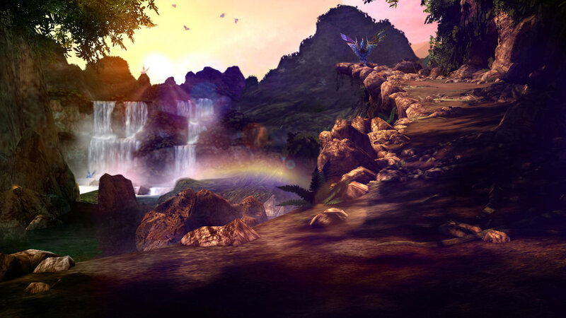Waterfall at sunset in a fantasy landscape