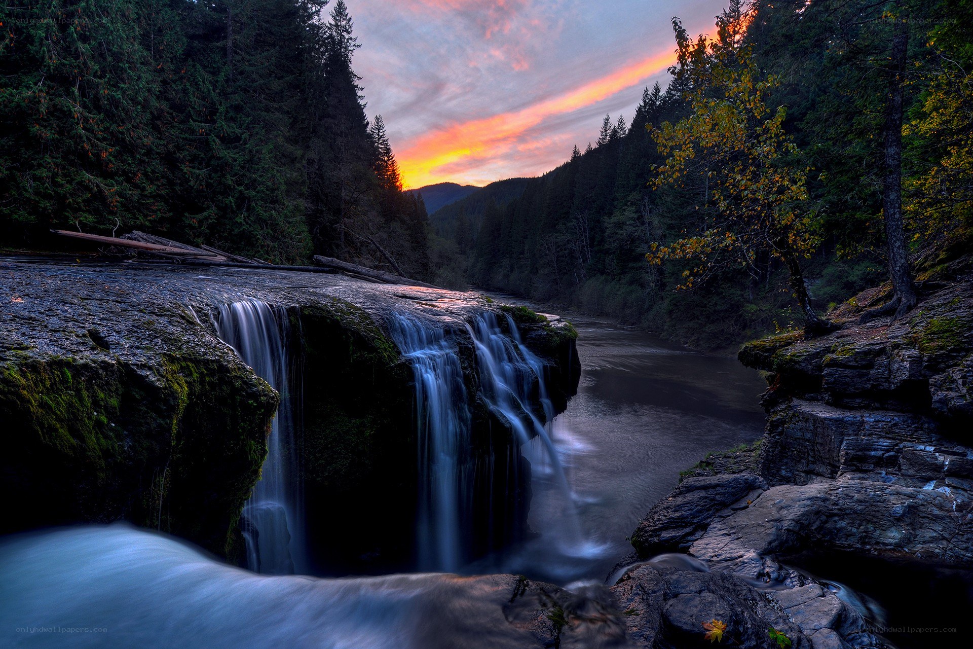 Waterfall at sunset in forest