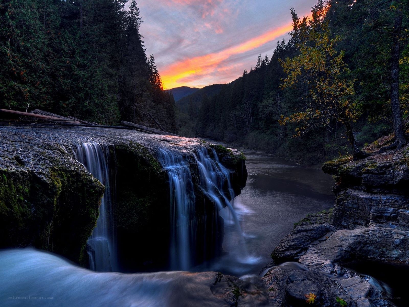 Waterfall at sunset in forest