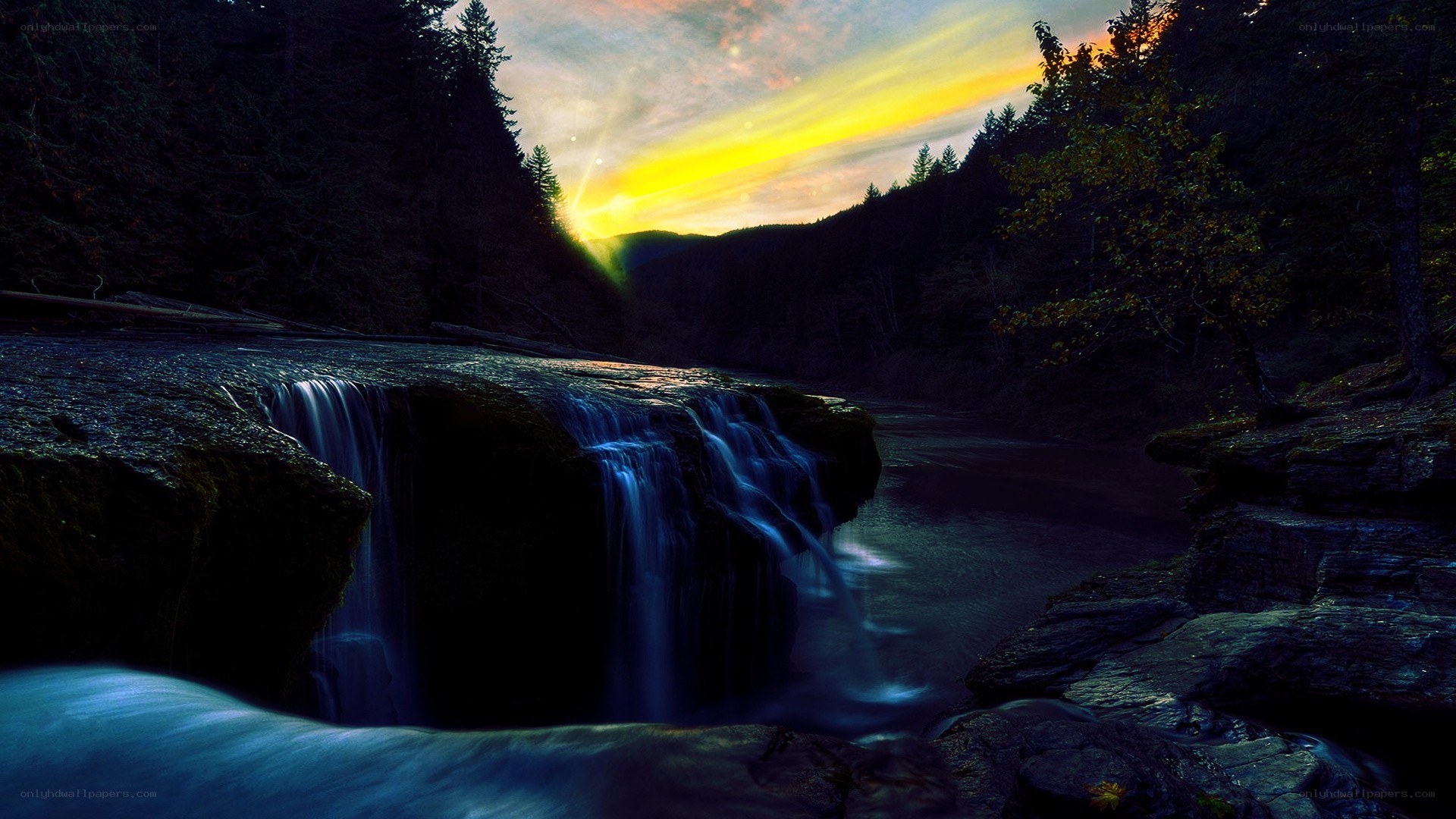 Waterfall at sunset in forest