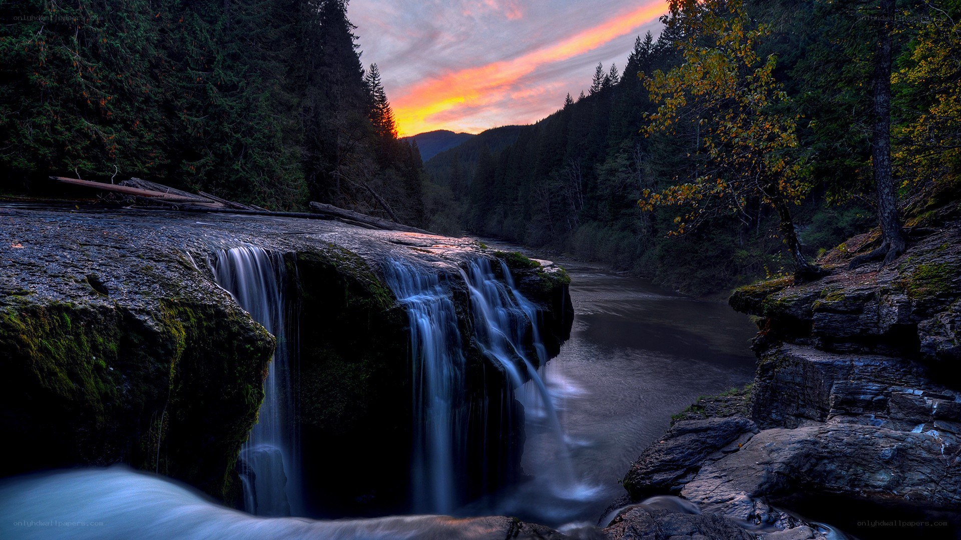 Waterfall at sunset in forest
