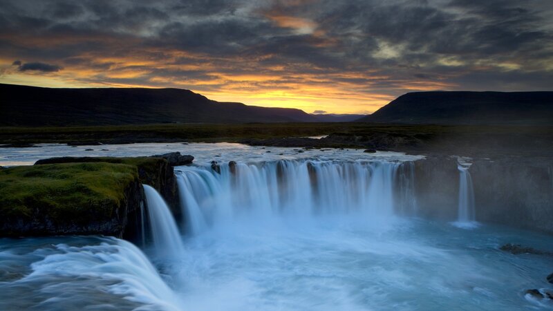 Waterfall at sunset in Iceland