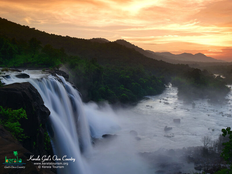 Waterfall at sunset in Kerala