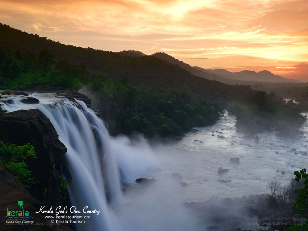 Waterfall at sunset in Kerala