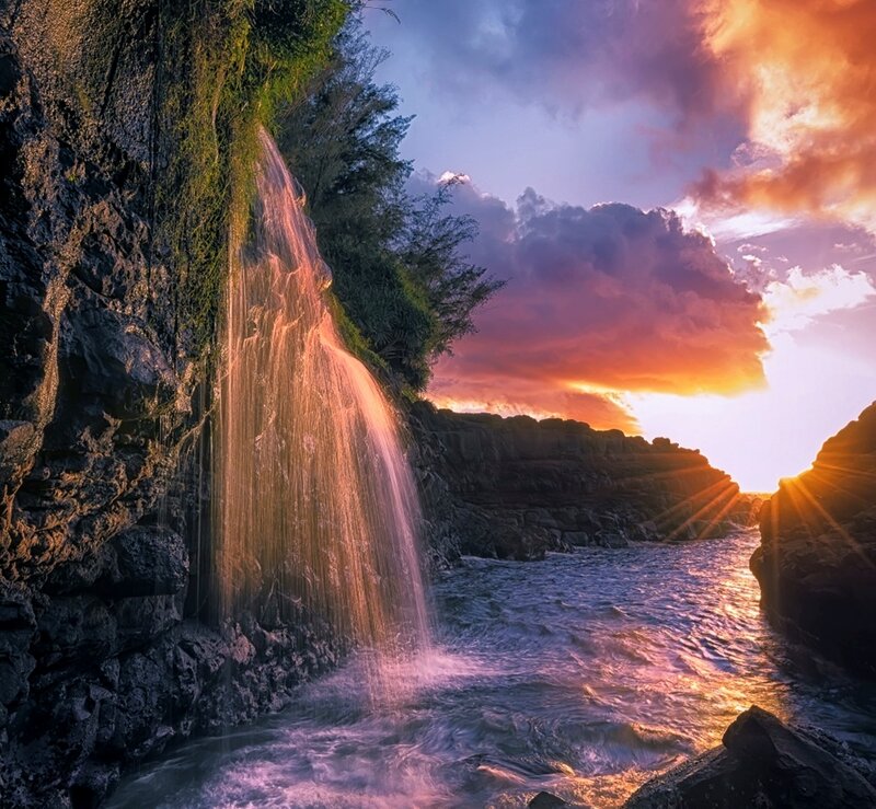 Waterfall at Sunset — Orange, Dramatic, Photograph, Cliff