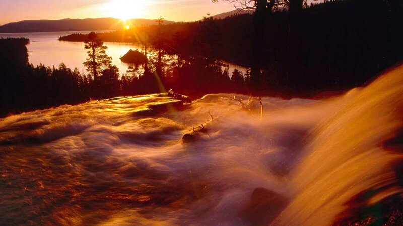 Waterfall at Sunset — Orange, Dramatic, Photograph, Lake
