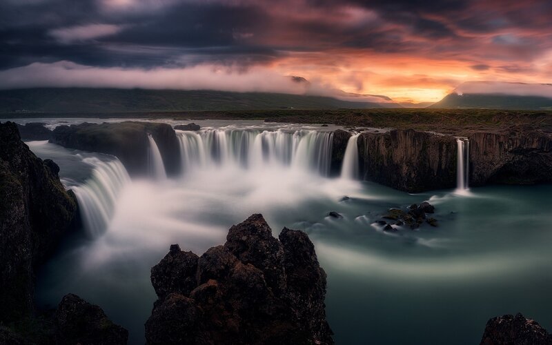 Waterfall at Sunset — Orange, Dramatic, Photograph, Mountains