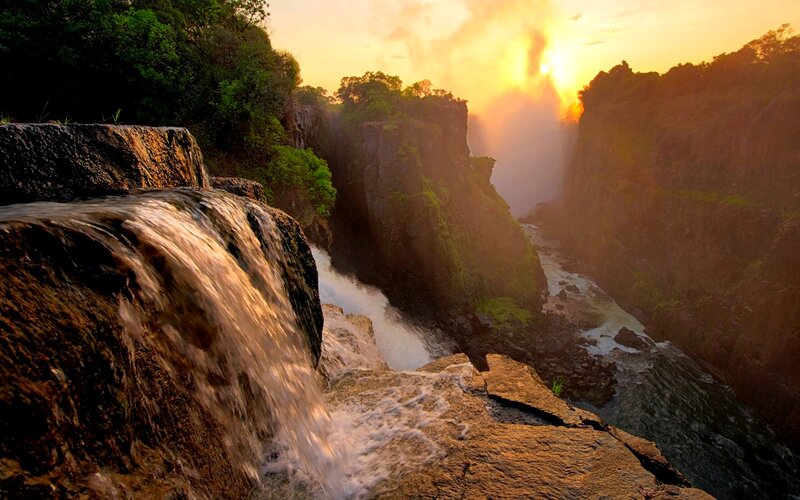 Waterfall at Sunset — Orange, Dramatic, Photograph, River, Cliffs
