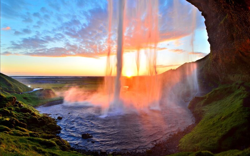 Waterfall at Sunset — Orange, Dramatic, Photograph, River, Hills