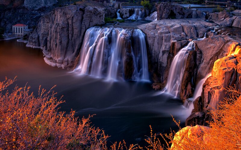 Waterfall at Sunset — Orange, Dramatic, Photograph, River, Rocks