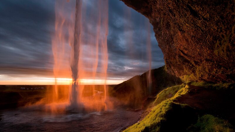 Waterfall at Sunset — Orange, Dramatic, Photograph, Sky