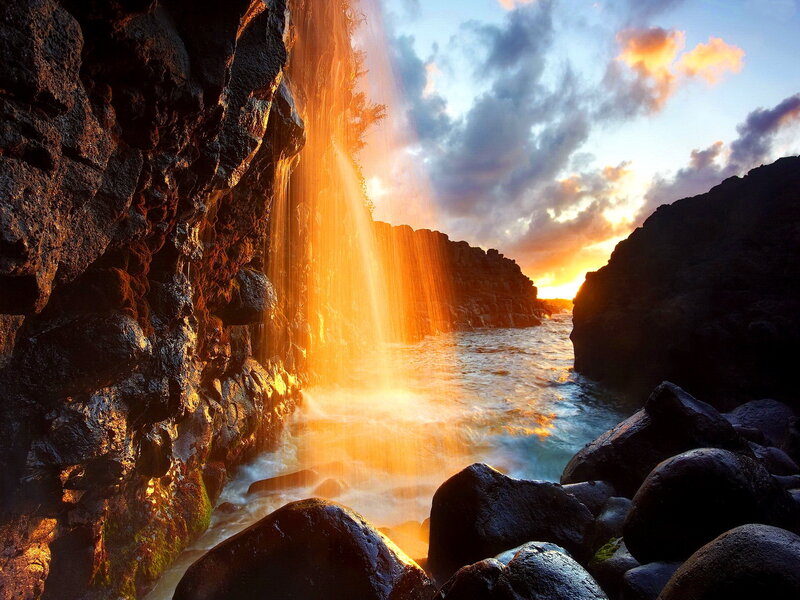 Waterfall at Sunset — Orange, Dramatic, Photograph