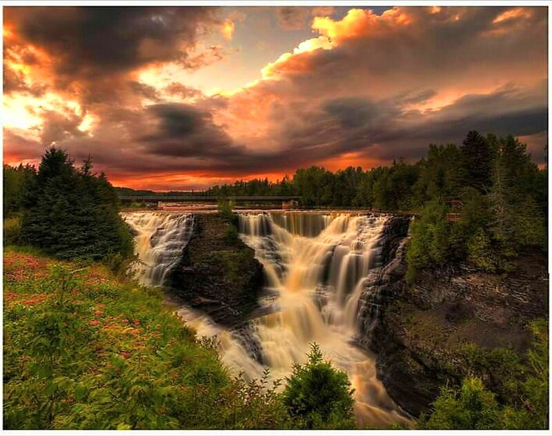 Waterfall at Sunset — Orange, Dramatic, Photograph, Trees