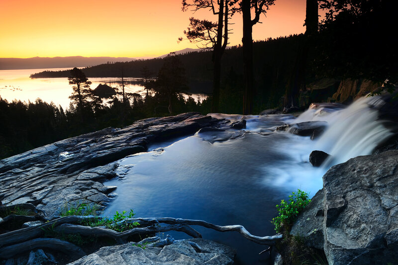 Waterfall at Sunset — Orange, Serene, Photograph, Lake