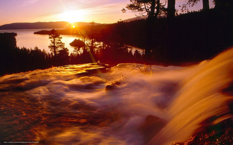 Waterfall at Sunset — Orange, Serene, Photograph, Lake, Trees