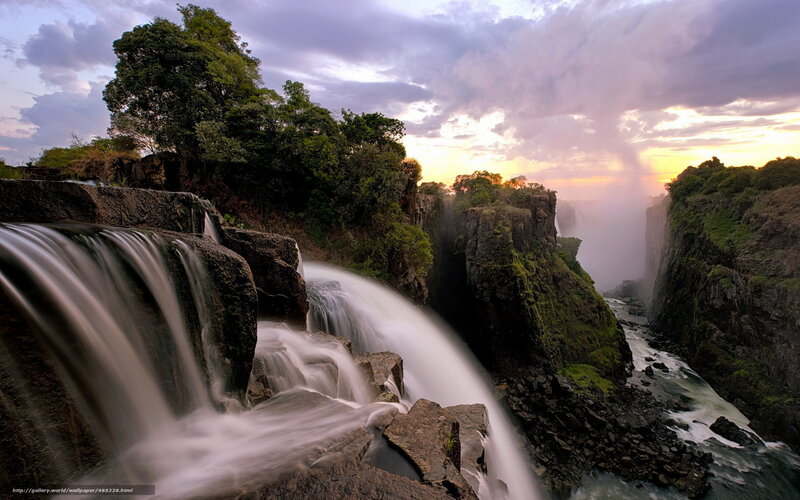 Waterfall at Sunset — Purple, Dramatic, Photograph, Cliffs