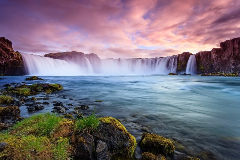 Waterfall at Sunset — Purple, Dramatic, Photograph, Rocks