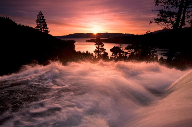 Waterfall at Sunset — Purple, Dramatic, Photograph, Sun