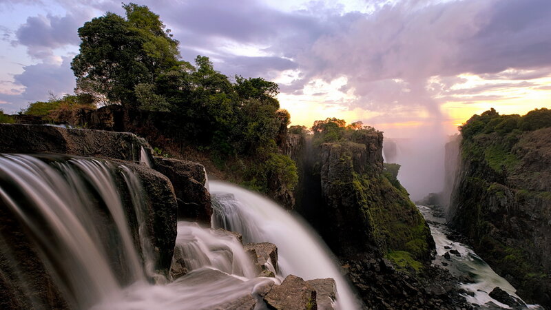 Waterfall at Sunset — Purple, Dramatic, Photograph