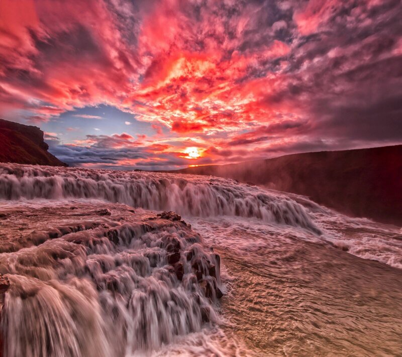 Waterfall at Sunset — Red, Dramatic, Photograph, Sky