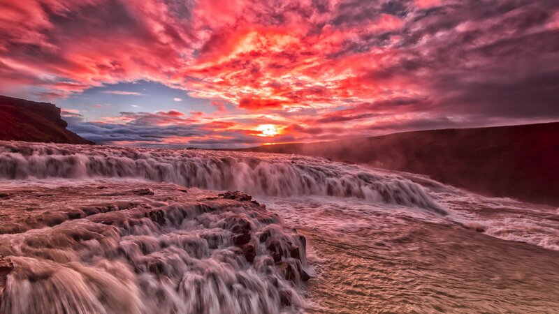 Waterfall at Sunset — Red, Dramatic, Photograph