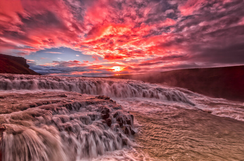 Waterfall at Sunset — Red