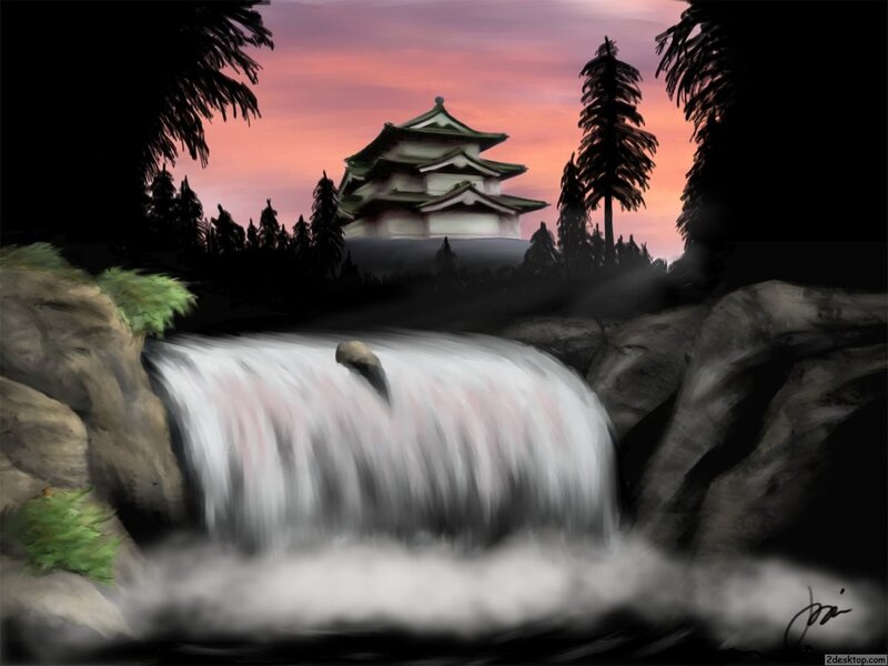 Waterfall at sunset with temple