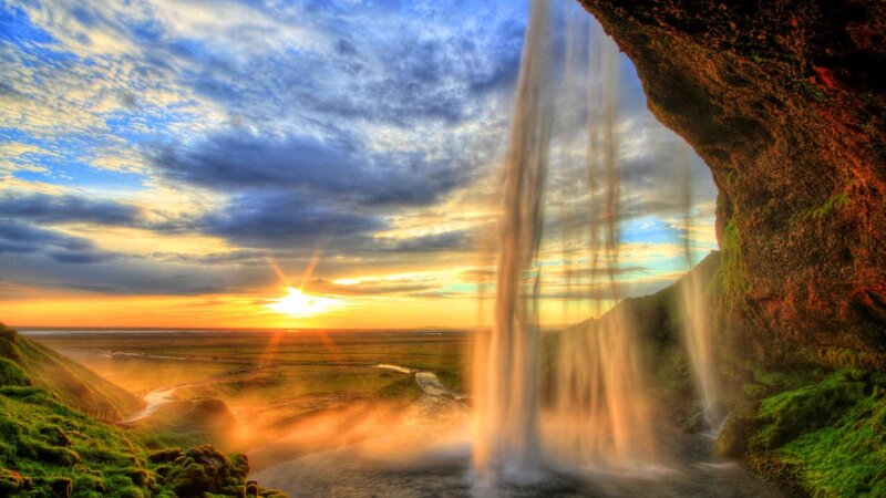 Waterfall Behind Rock — Blue, Dramatic