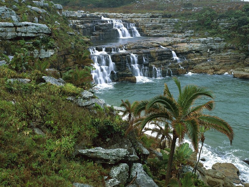Waterfall Cascading into Sea — Green, Serene, Afternoon, Photograph