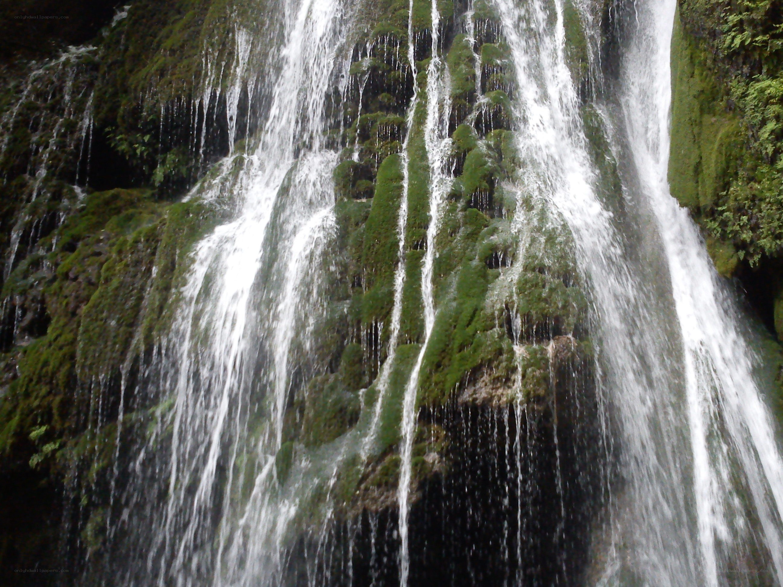 Waterfall cascading over mossy rocks