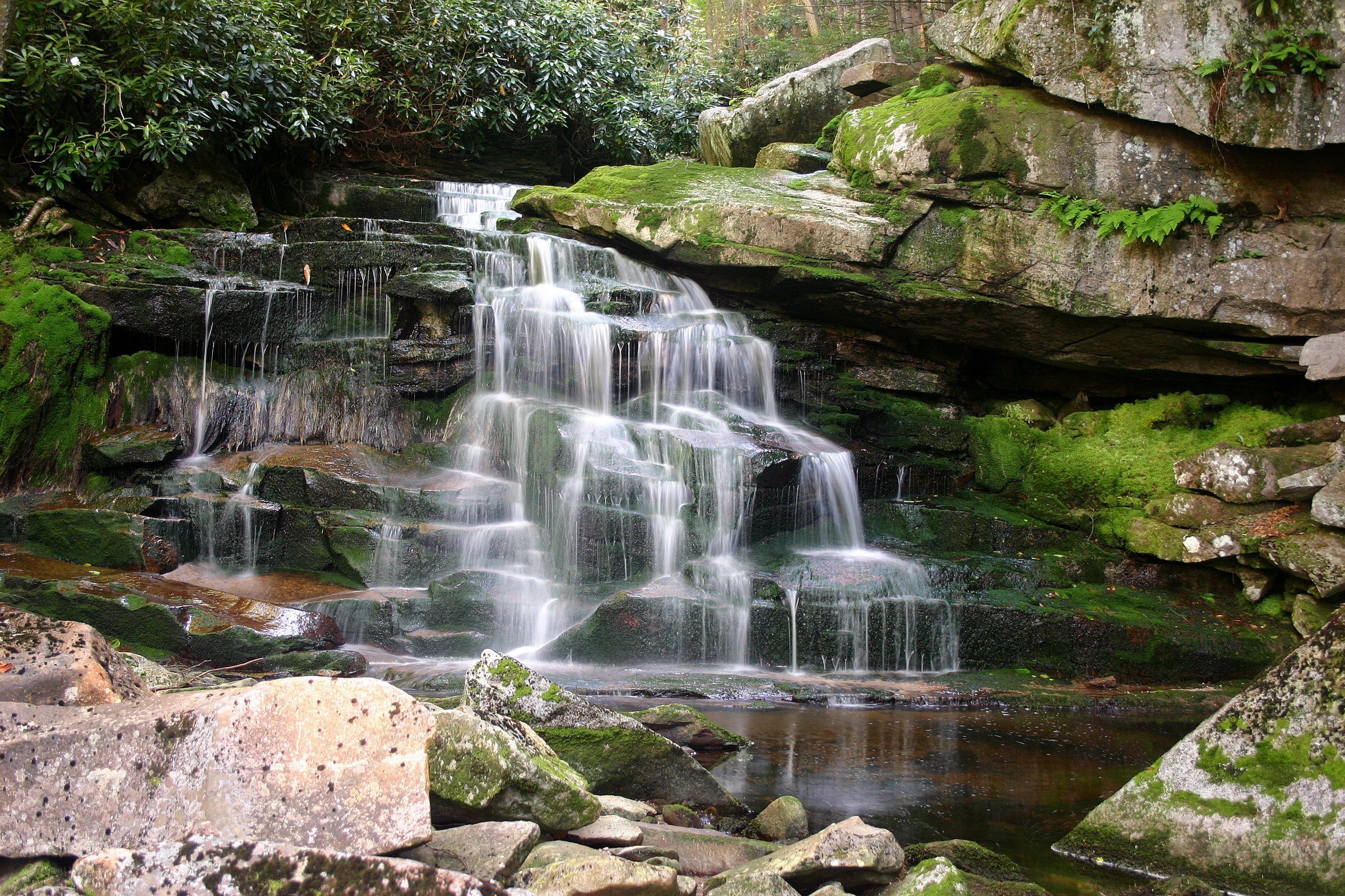 Waterfall cascading over mossy rocks